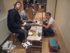 Sam, Luke, Richard and I eat dinner in our yet to be finished kitchen Sam, Luke, Richard and I eat dinner in our yet to be finished kitchen